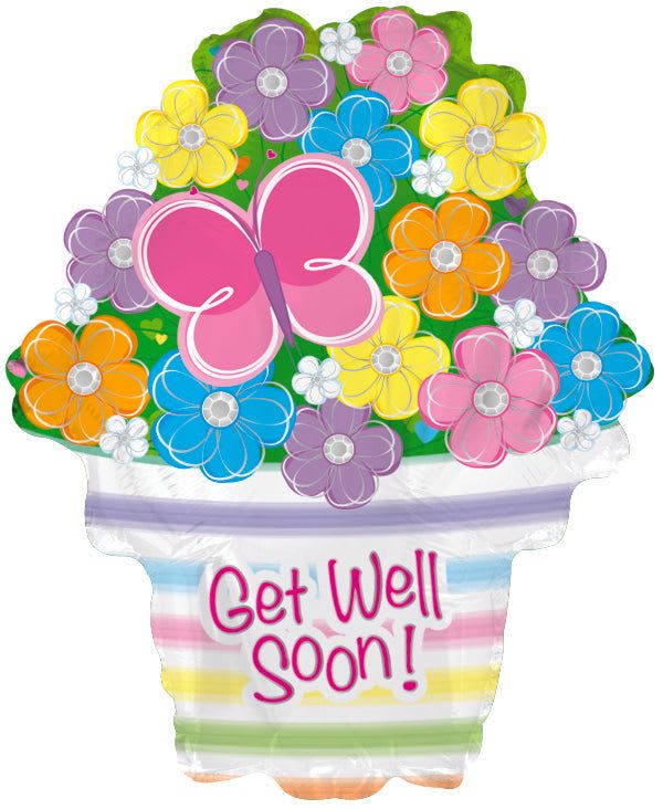 22in JUMBO Get Well Soon Mylar - A playful, oversized foil bouquet that says "Get Well Soon" in the most cheerful way - this 22-inch JUMBO Get Well Soon Mylar arrangement is a bright recovery gift that feels like a pot of smiling flowers. Perfect as a get-well bouquet for someone recovering at home or in the hospital, the design reads clearly as a thoughtful pick-me-up that will make the person you're thinking of feel noticed and encouraged.  The arrangement features multiple flower-shaped foil balloons in pink, purple, yellow, blue, and a touch of orange clustered above a pastel-striped pot base balloon. A large pink butterfly balloon near the center adds a whimsical focal point while the pot balloon displays the bold "Get Well Soon!" message for immediate clarity. The decorative balloon bouquet is finished as a ready-to-display piece - no vase needed - and its playful color mix and soft pastels bring light, uplifting energy to a bedside table or room corner.  This is the kind of cheerful surprise that brightens a recovery day and lifts spirits without fuss. Ideal for friends, family members, or coworkers needing encouragement, it arrives ready to display and keeps the sentiment visible as it floats - a simple, joyful way to let someone know you care.
