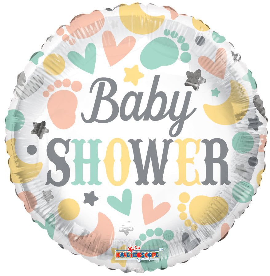 18" Baby Shower Mylar - Bright, playful round foil balloon perfect for a baby shower or new baby celebration - this 18" Mylar balloon reads "Baby Shower" in soft gray lettering and is sprinkled with pastel hearts, stars, tiny footprints, and confetti dots. The white background keeps the look fresh and gender-neutral while the pink, yellow, mint, and gray accents bring a joyful, party-ready pop that makes the new arrival feel celebrated.  Lightweight and easy to pair with any floral gift or gift table, this 18-inch foil balloon adds instant color and height to a centerpiece, gift bundle, or balloon bouquet for a mom-to-be. The cheerful graphic style complements mixed-color or pink-themed arrangements and works well with our hand-tied bouquets or boxed designs; simply specify if you'd like it included with delivery so we can secure it to the arrangement.