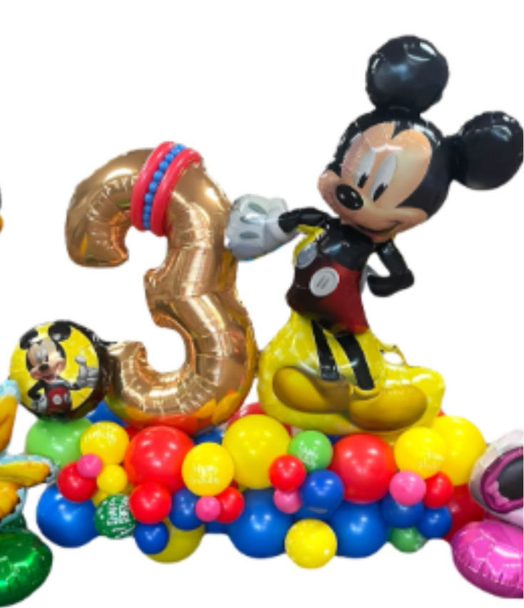 Mickey Mouse balloon display with a gold number 3 and colorful balloons
