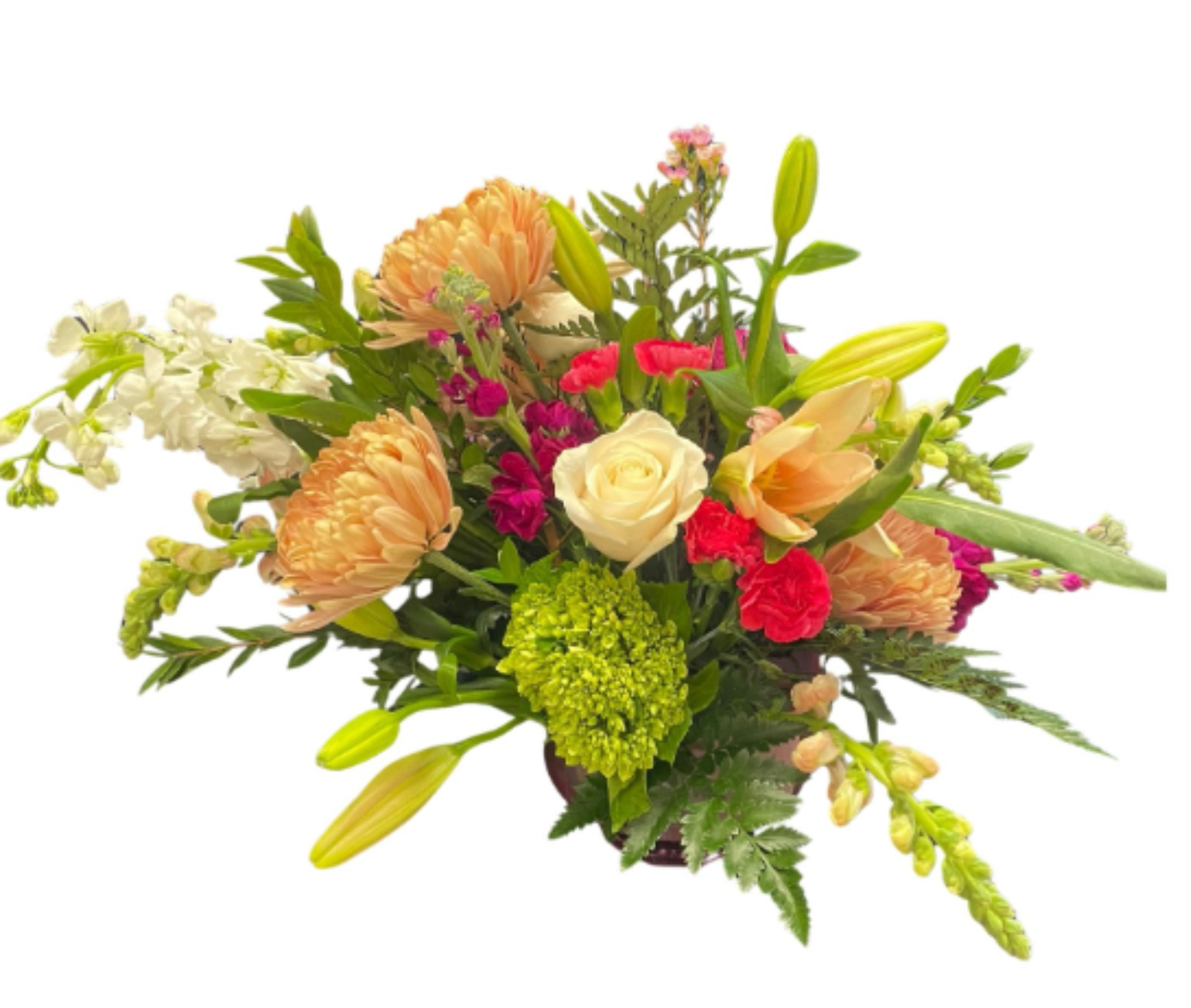 Mixed bouquet with peach, white, and pink flowers in a vase
