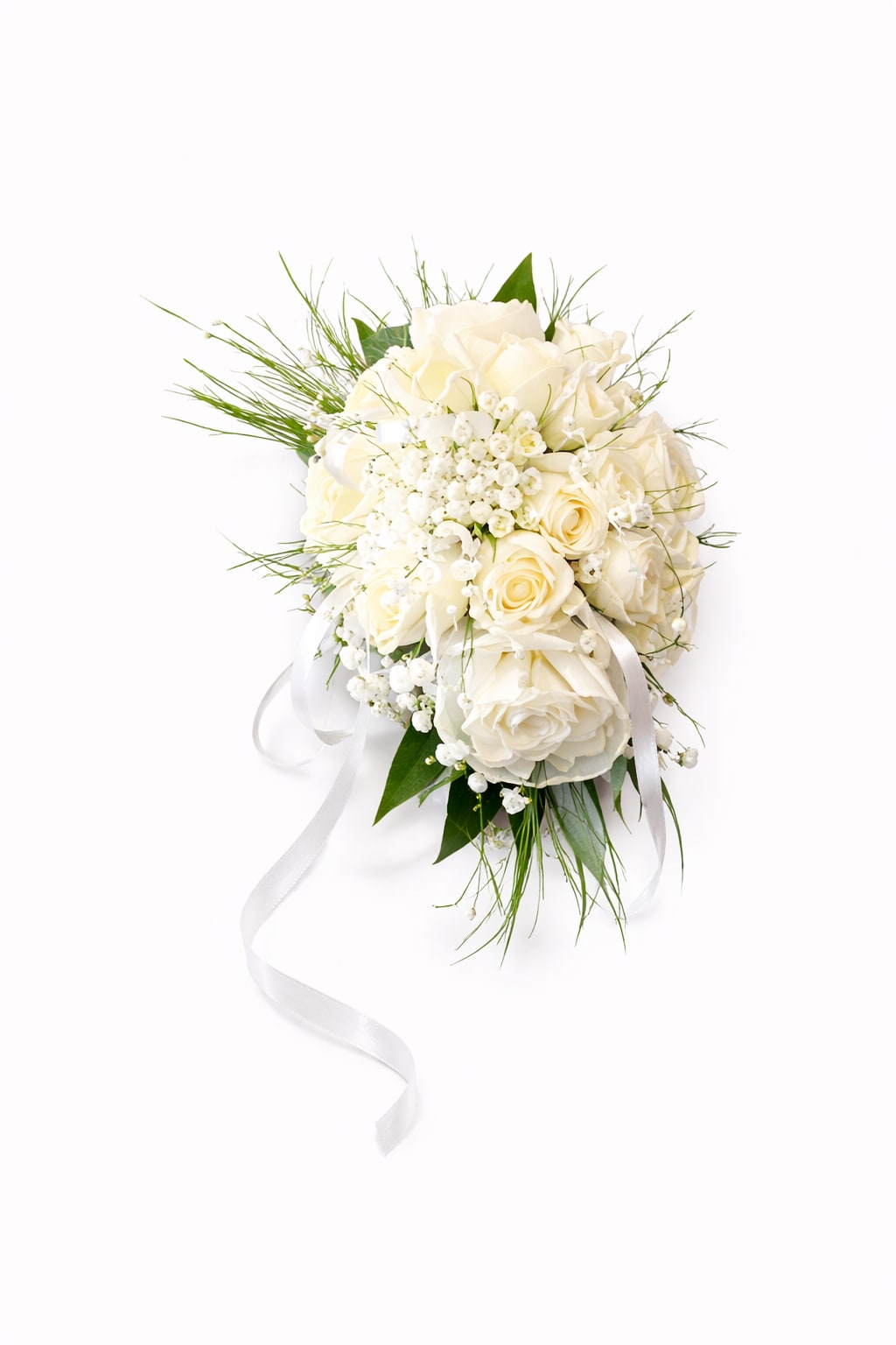 Hand-tied bridal bouquet of ivory roses and small white blooms with trailing white ribbon.