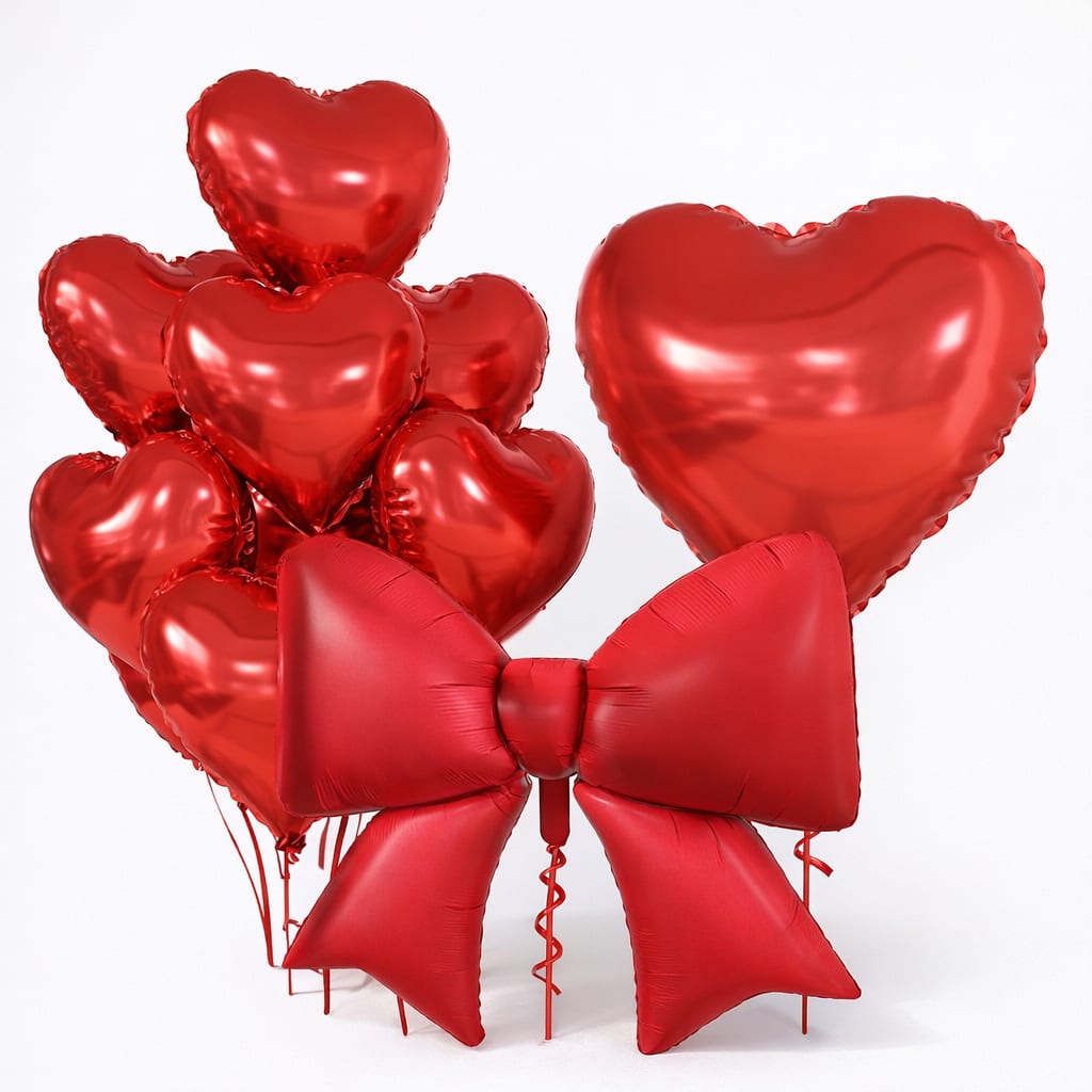 Cluster of red heart balloons with a large red bow balloon