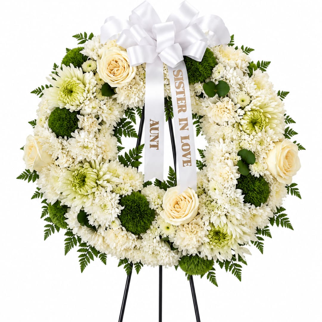 White floral wreath on an easel with a ribbon reading "SISTER IN LOVE AUNT"