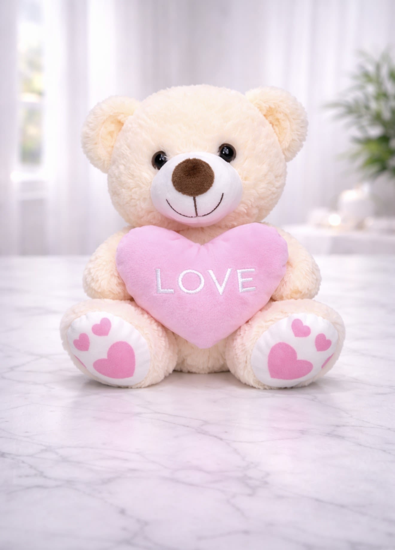 Plush teddy bear holding a pink heart with the word LOVE