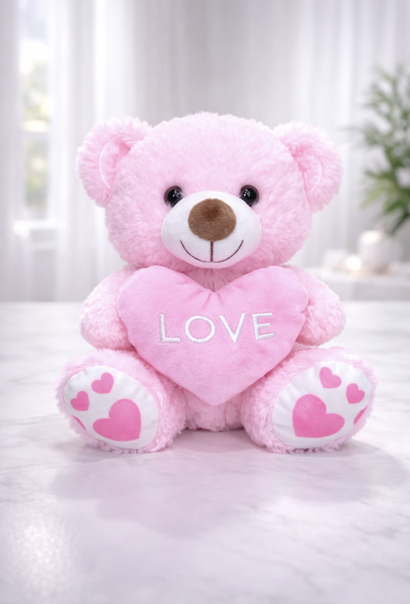 Pink teddy bear holding a heart that says LOVE