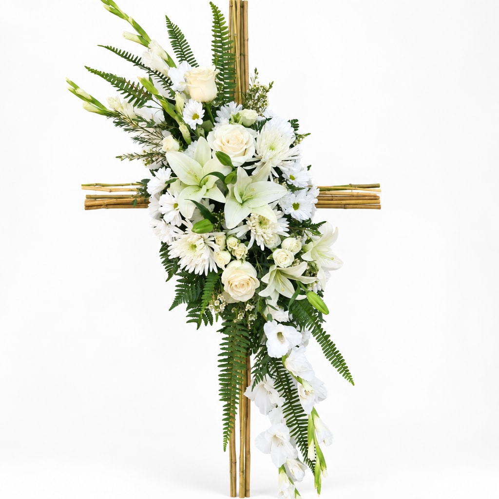 White floral cross arrangement with lilies, roses, and daisies on a bamboo cross