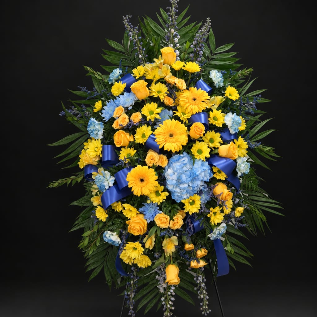 Large standing spray of yellow and blue flowers with ribbon accents