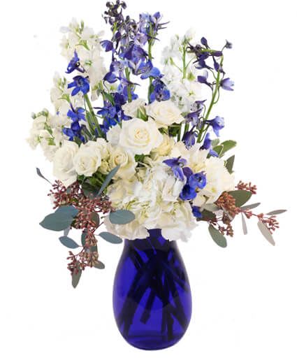 Hints of Sapphire Flower Arrangement - This charming arrangement is sure to delight! The gorgeous blue larkspur stands out beautifully against the wondrous white spray roses, divine white hydrangeas, and pretty white stock, making Hints of Sapphire a striking mix. Calming and peaceful, anyone would be delighted to receive this elegant arrangement!  Includes: Blue Vase, Greens: Seeded Eucalyptus, Variegated Pittosporum, Flowers: White Stock, Blue Delphinium, White Spray Roses, White Hydrangea.