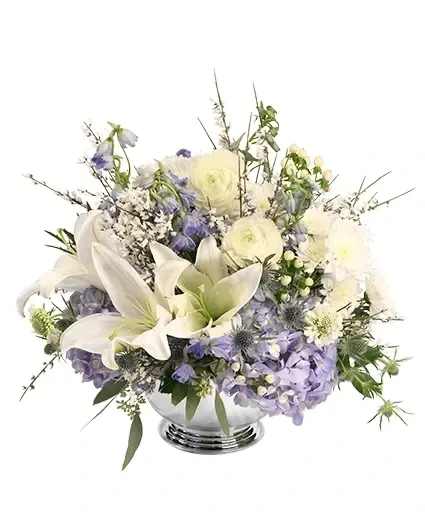 Spark of Splendor Floral Design - Add a spark of beauty to their day with this striking arrangement! Filled with hydrangeas, ranunculus, delphinium, and more, all in wonderous shades of whites and blues, Spark of Splendor is a gorgeous mix. Celebrate any occasion with this bouquet today!  Includes: Silver Design Bowl , Seeded Eucalyptus, Genestra, Blue Delphinium , Blue Thistle , Blue Hydrangea , White Hypericum , White Cushion Poms, White Ranunculus, White Scabiosa Scoops.