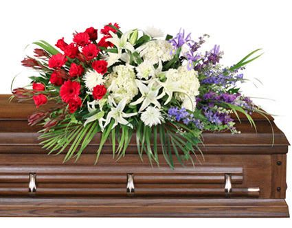 Brave Soldier Casket Spray - For those who served or loved their country dearly, our Brave Soldier casket spray will send them out with patriotic flair. Flowers in red, white, and blue stand out with pride and give a final farewell to those who have passed on.  Includes: Casket Saddle W, Foliage: Teepee, Ivy, Salal, Florida Ruscus, Red Roses, Safari Sunset Leucadendron, Red Gerberas, White Lilies, White Hydrangeas, White Spider Mums, Purple Larkspur, Purple Iris, Blue Delphinium .