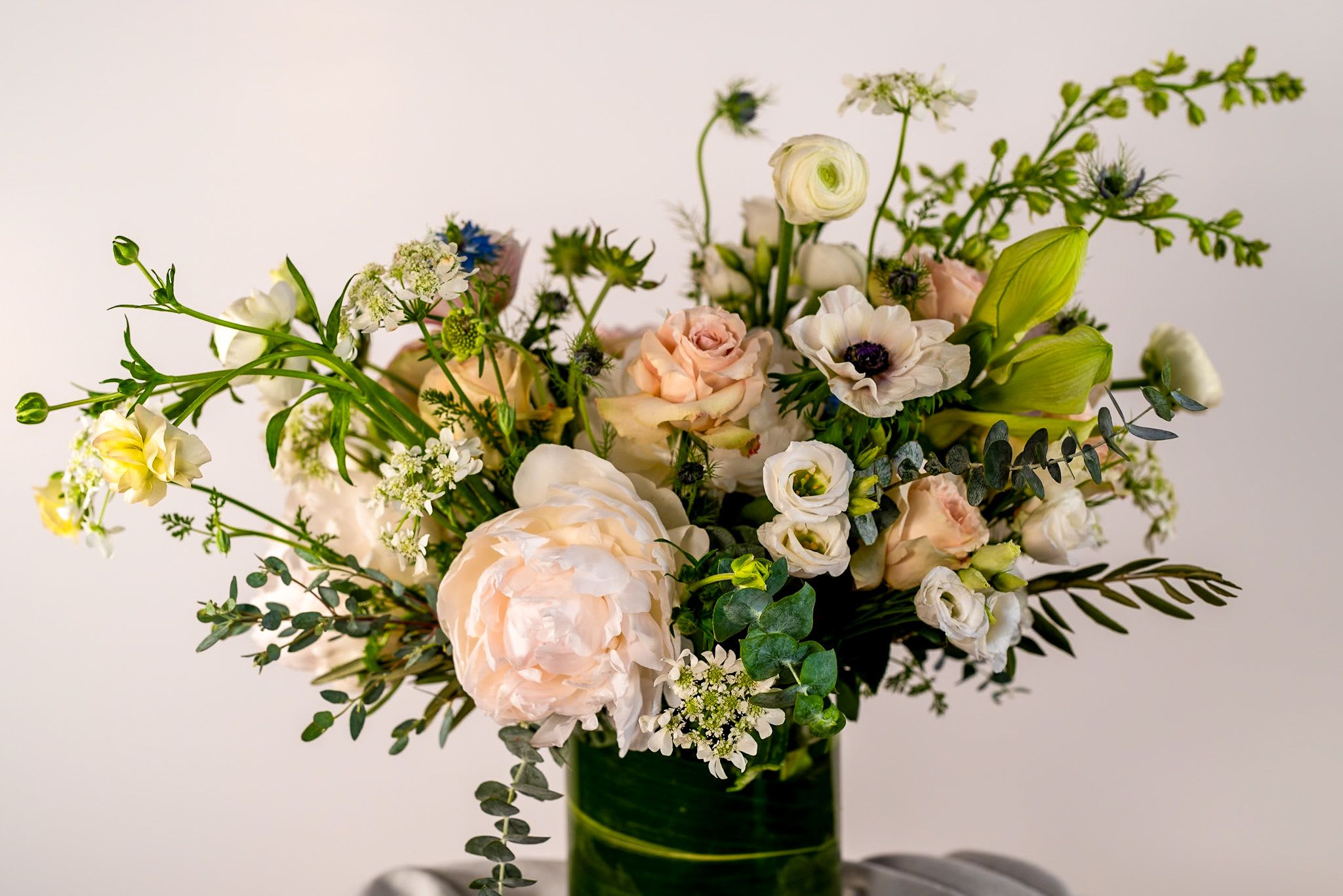 Creams, Whites &amp; Blush - Peaceful and soft shades of beautiful blooms enhance this lovely design and perfect to enjoy on a dining or side table.  