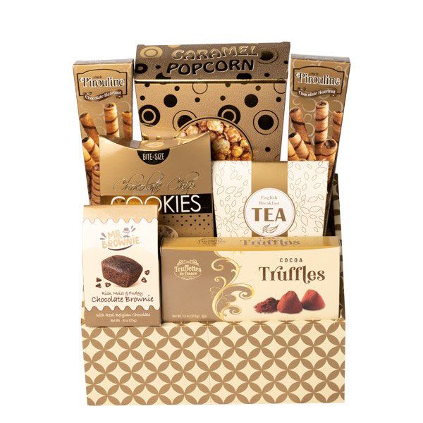 Gift basket with assorted packaged sweets and tea