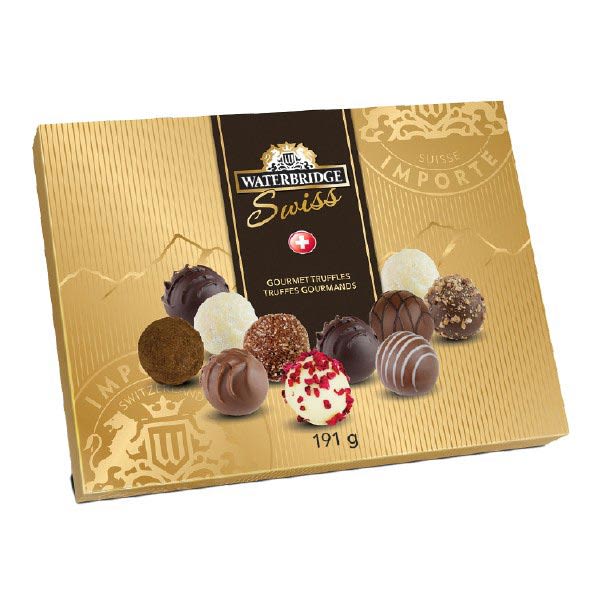 Gold box of assorted Swiss chocolate truffles with Waterbridge branding on the front