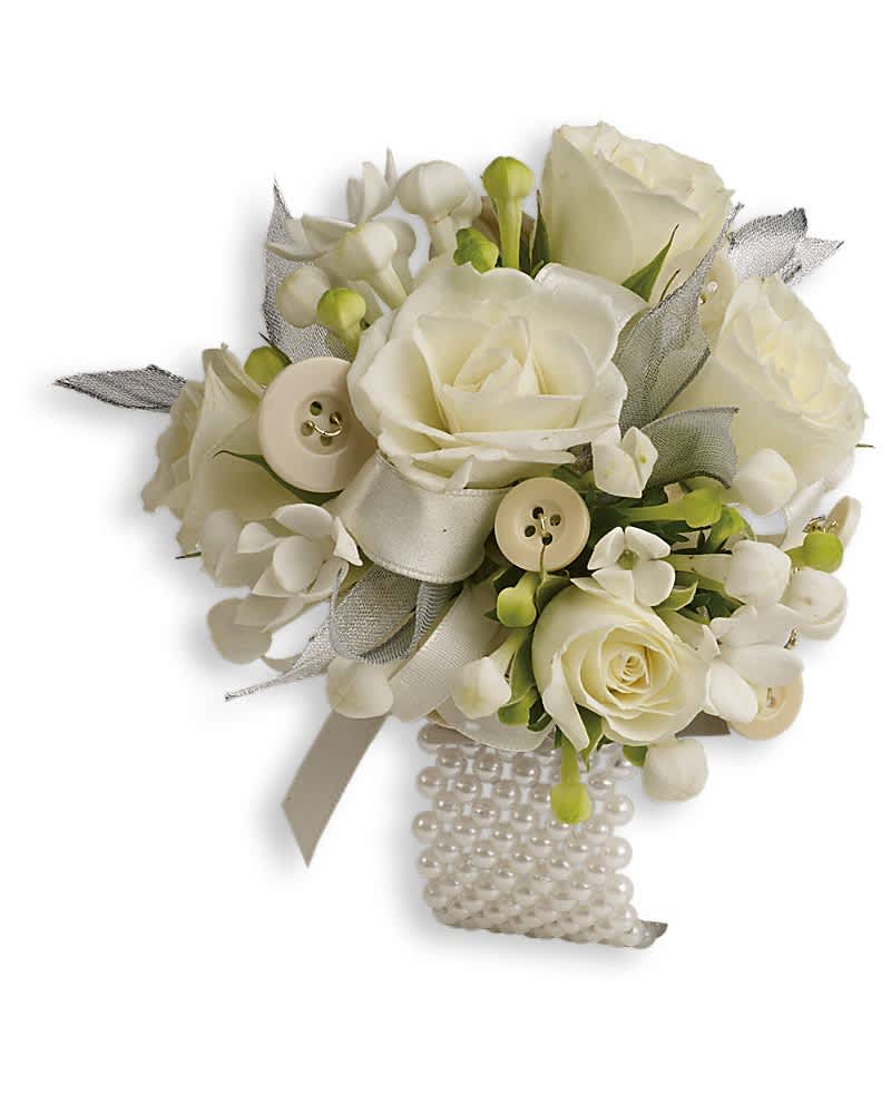 White rose bouquet with ribbon, buttons, and pearl accents