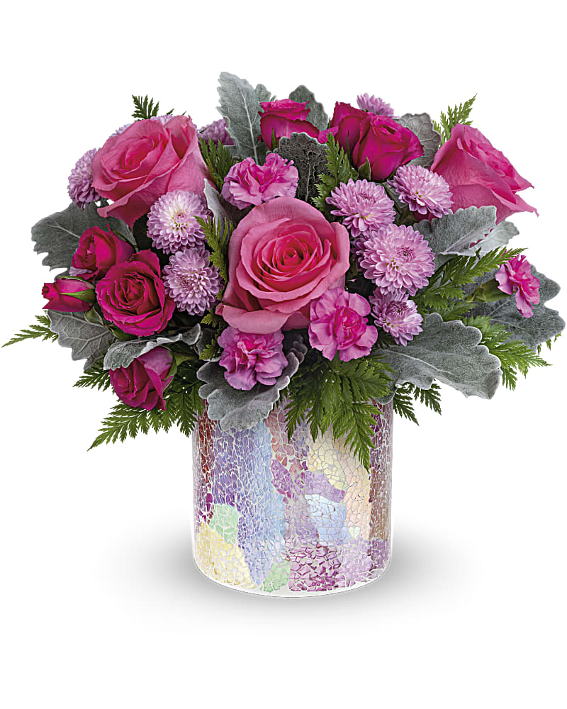Pink roses and lavender mums in a mosaic glass vase
