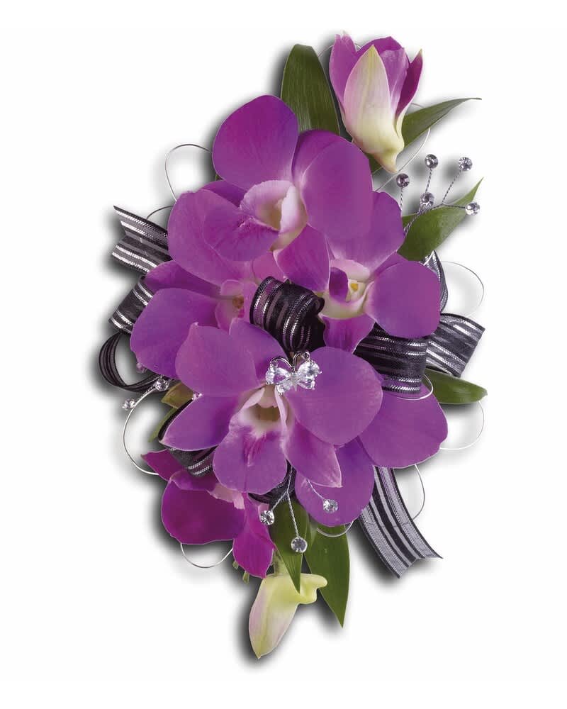 Purple orchid corsage with black ribbon and crystal accents