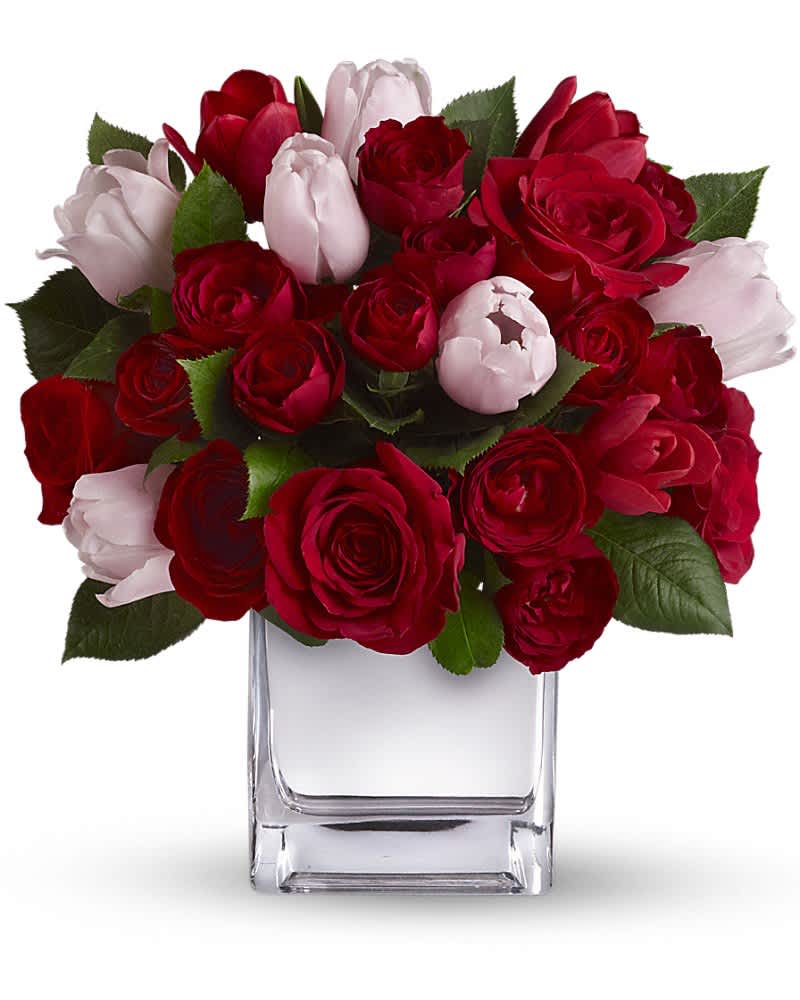 Red and pale pink roses arranged in a clear square vase