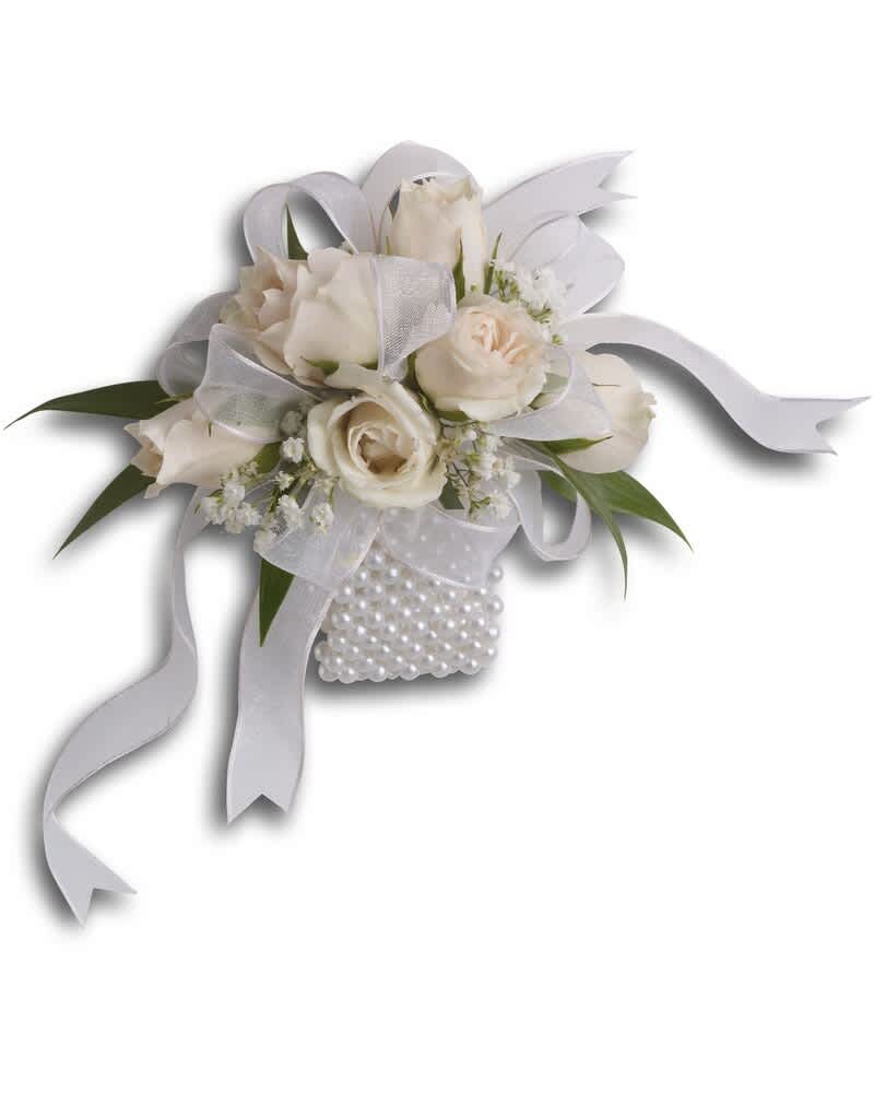 White rose corsage with ribbon and pearl accents
