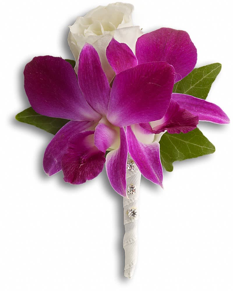 Purple orchid boutonniere with white rose and green leaves
