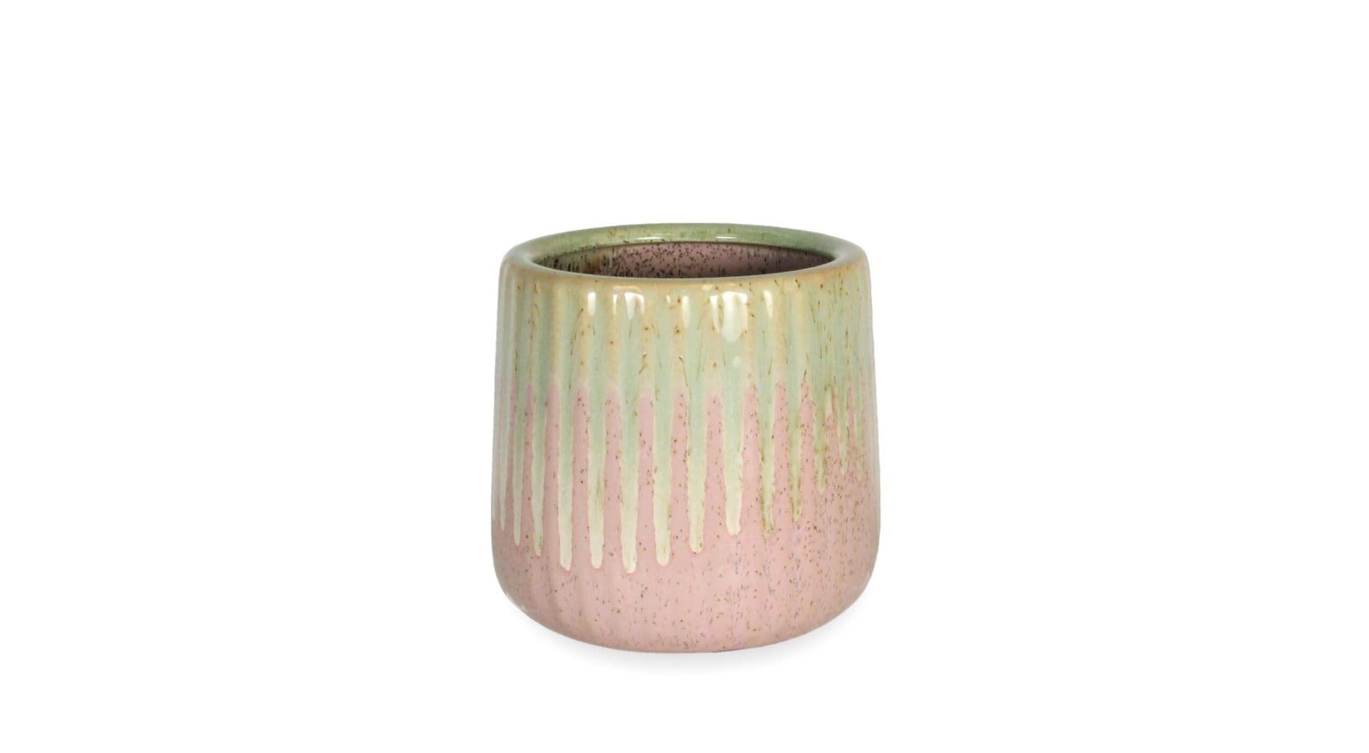 Small pastel ceramic planter with a pink and green drip glaze
