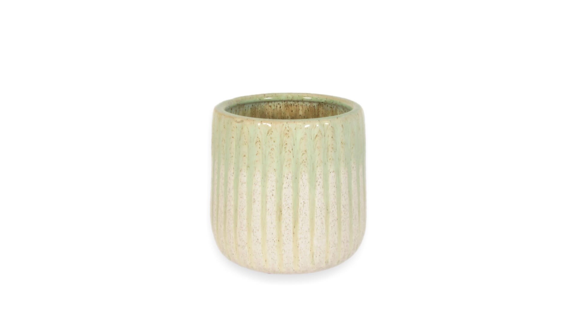 Small ribbed ceramic vase in pale green and cream