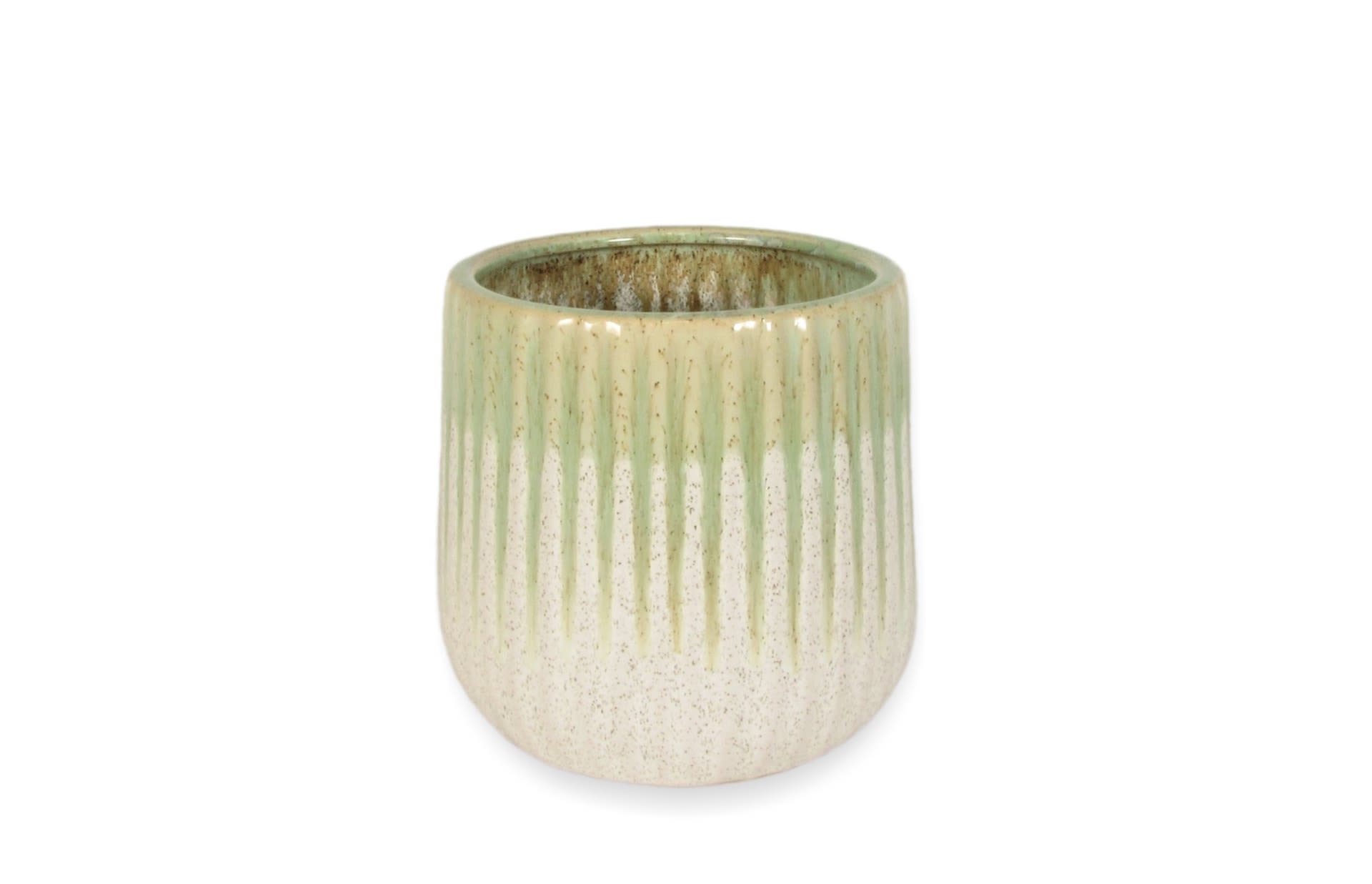 Small ribbed ceramic planter in pale green and cream