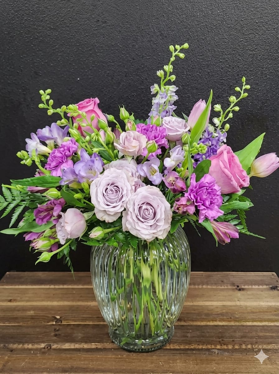 Purple Radiance - The bouquet features a harmonious blend of textures and heights, presented in a vertically ridged, clear glass vase:
