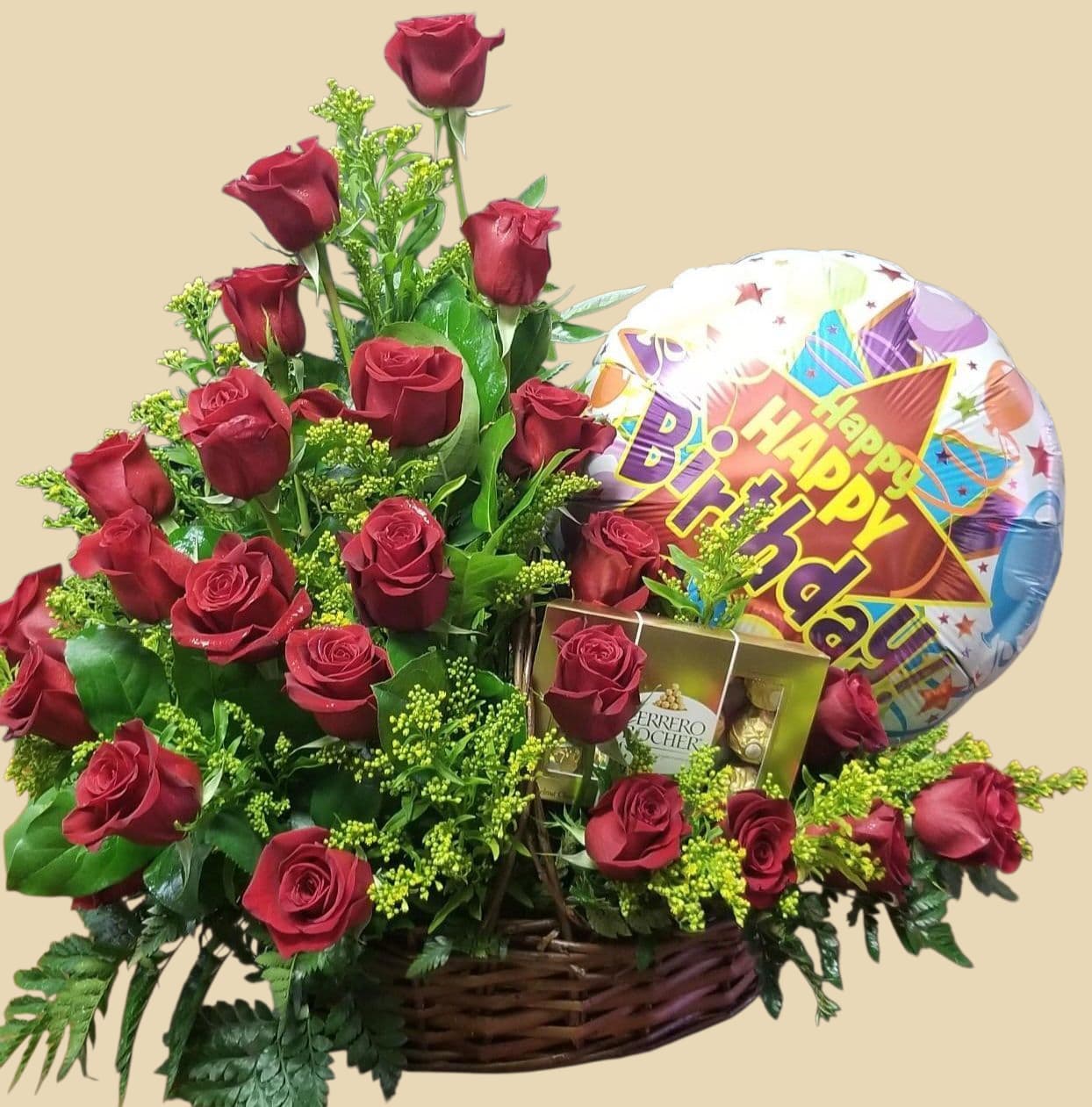 Love in red - two dozen red roses with chocolate and balloon in a basket