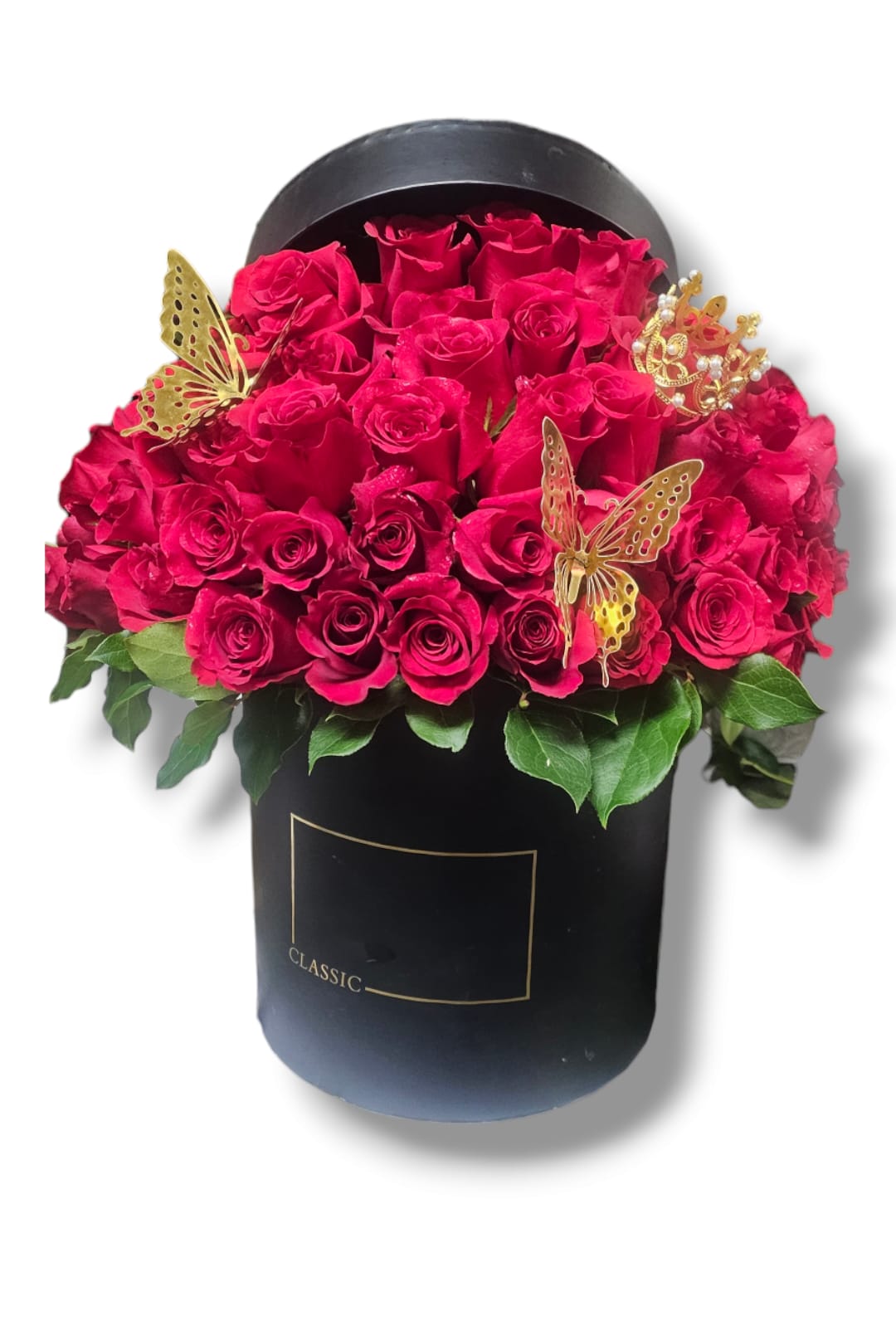 Air of Romance - Four dozen Red roses in elegant round box with crown and butterflies 