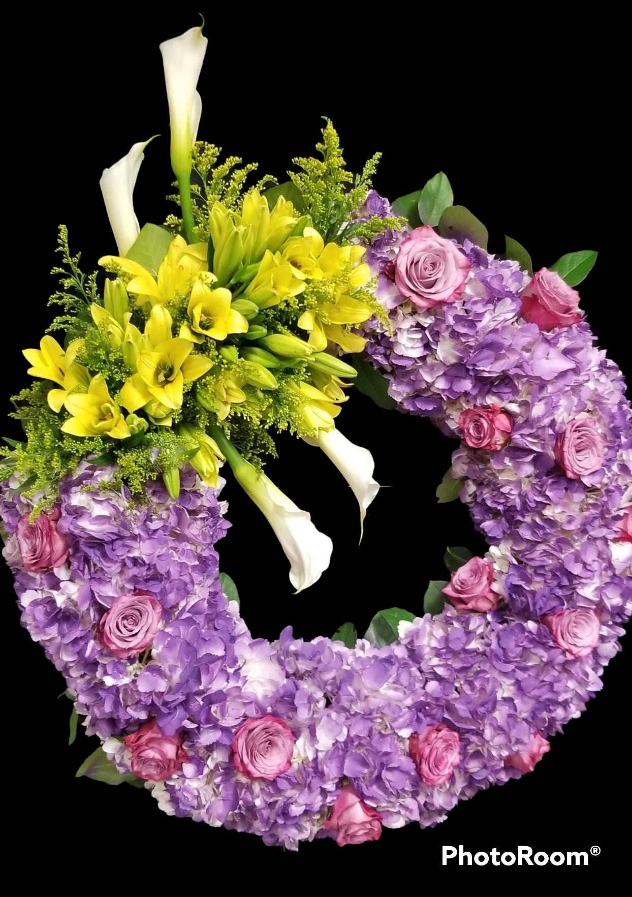Lavender Delight - Round Standing Spray  with Asiatic and kala lilies and others