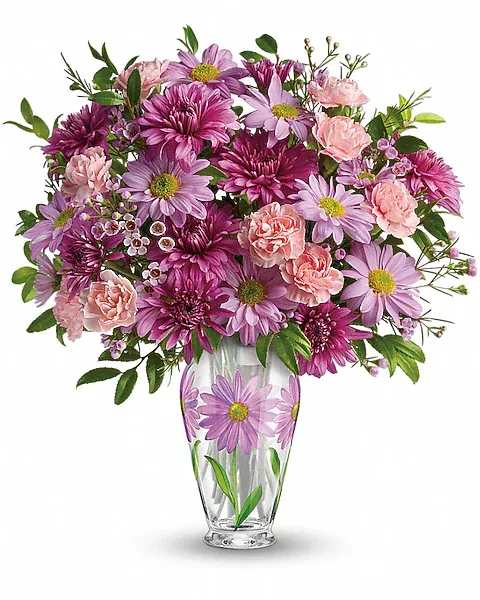 Sweet As Can Be Bouquet - Treat Mom sweet! Gorgeous shades of purple and pinks are arranged in a lovely Sweet Blossoms vase. It's the perfect way to thank Mom beautifully for all she's done. 