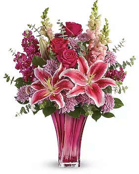 Bold Elegance Bouquet - When only the best will do for Mother's Day, surprise her with this incredible gift! Large and lush, this bouquet of hot pink roses, pink stargazer lilies and lavender mums is fragrant, feminine and fabulous. What an unforgettable treat when hand-delivered in this exquisite blown glass vase! 