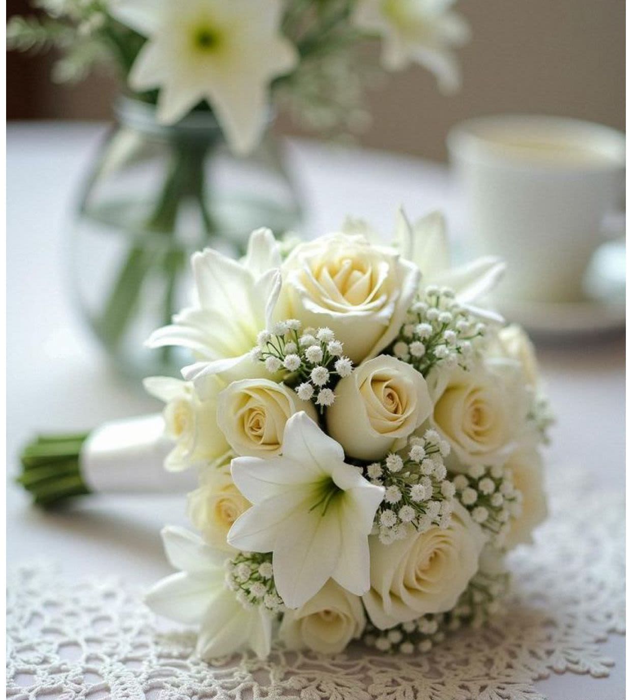 Ivory Elegance Bouquet - A timeless and elegant bouquet featuring creamy white roses, delicate lilies, and soft baby’s breath. Carefully arranged with subtle greenery, this refined design symbolizes purity, love, and new beginnings—perfect for weddings, special occasions, or heartfelt moments.