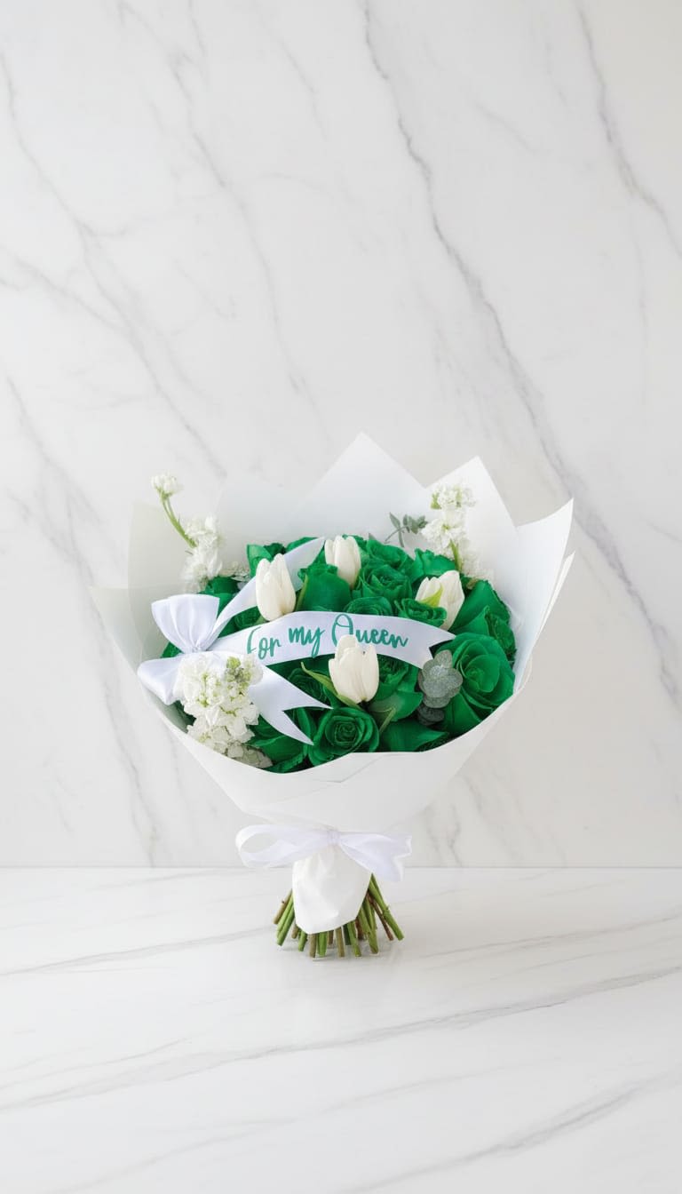 ramobucho - Elegant green and white bouquet featuring premium green roses, delicate white tulips, and fresh accent blooms, wrapped in luxury white paper with a satin bow. Finished with a “For My Queen” ribbon — a sophisticated and heartfelt gift perfect for someone special.