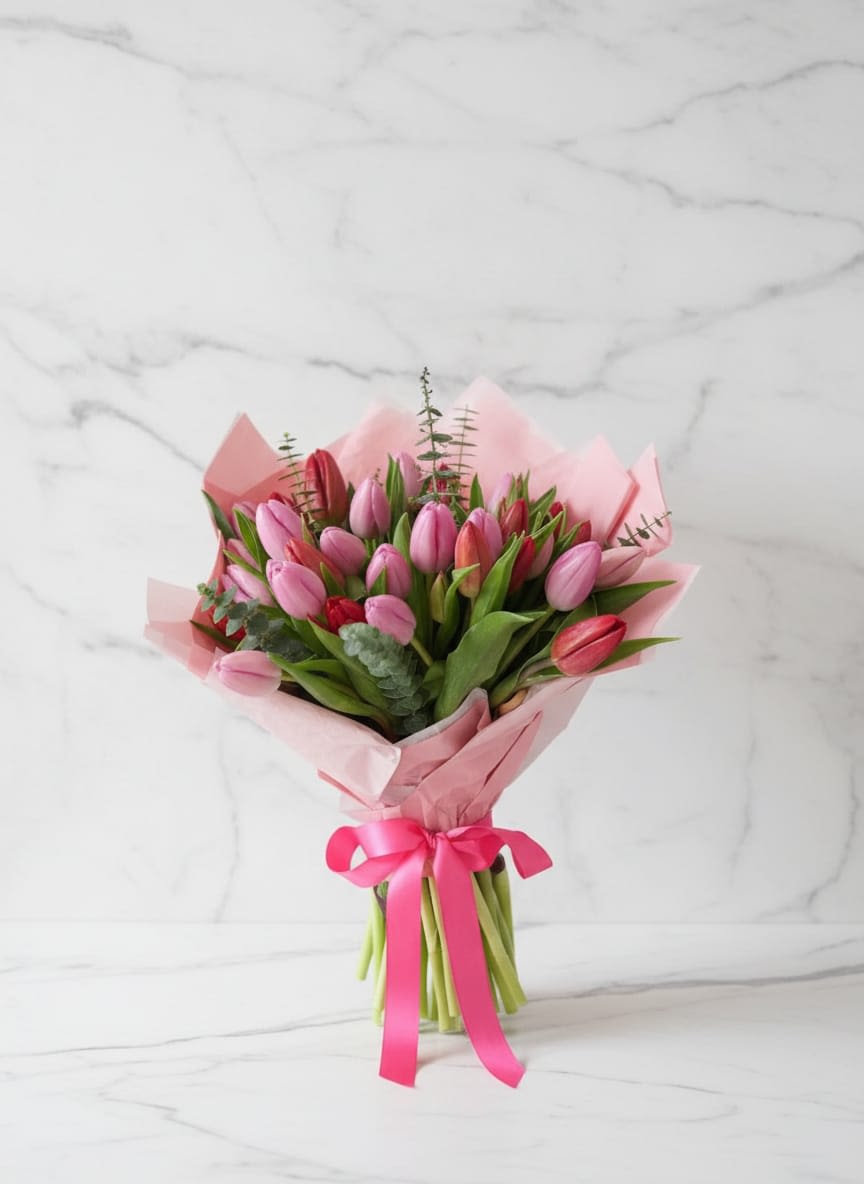 Happiness of Tulips - Delicate, elegant, and effortlessly charming. This hand tied bouquet features 25 fresh pink tulips in soft pastel tones, beautifully wrapped in pink paper and finished with a matching satin ribbon. They complemented by green foliage like eucalyptus, perfect for all occassions. This bouquet is available depending of the season. Delicado, elegante y encantador. Este ramo de flores hecho a mano con 25 tulipanes rosados en tono pastel, envuelto en papel rosa y atado por una combinada cinta rosada o de su preferencia. Complementado con plantas verdes como el eucalipto, perfecto para cualquier evento.