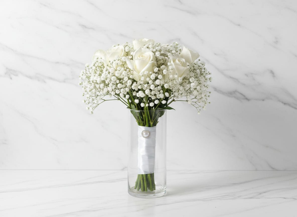 Pure Bridesmaid - This bouquet is soft, elegant and perfect for a bridesmaid, white roses with delicate baby's breath give it a perfect wedding feel. Este ramo es suave, elegante y perfecto para una dama de honor, las rosas blancas con delicadas flores de aliento de bebe que le dan un toque perfecto de boda.
