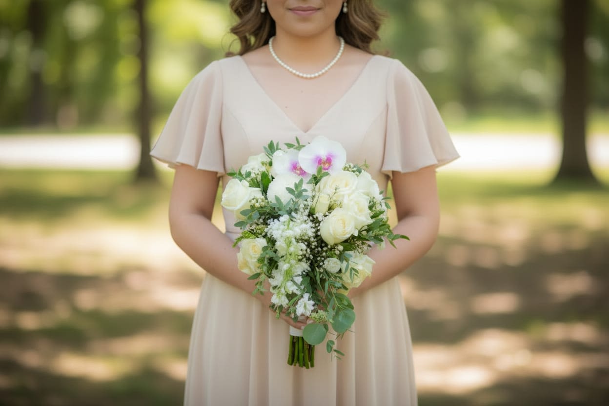 Soft Vows - Soft, romantic, and naturally elegant, this hand tied bridal bouquet features a delicate blend of white roses, lush white peonies, and fresh white chrysanthemums, beautifully complemented with baby's breath. Suave, romántico y naturalmente elegante, este ramo de novia atado a mano presenta una delicada mezcla de rosas blancas, exuberantes peonís blancas y frescos crisantemos blancos, bellamente complementados con flores de aliento de bebe.
