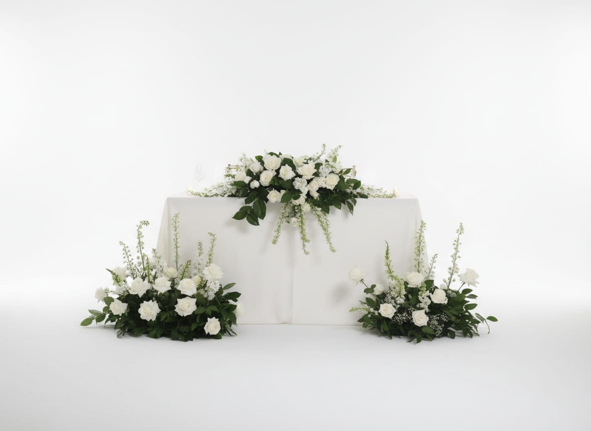 White Romance Sweetheart Table - This romantic swetheart table meade with fresh white blooms, including roses, chrysanthemums, hydrangea style florals, and delicates snapdragon, beautifully complemented by rich greenery Este arreglo romántico presenta una abundante disposición de flores blancas frescas, incluyendo rosas, crisantemos, flores estilo hortensia y delicadas boca de dragón, bellamente complementadas con un rico follaje.
