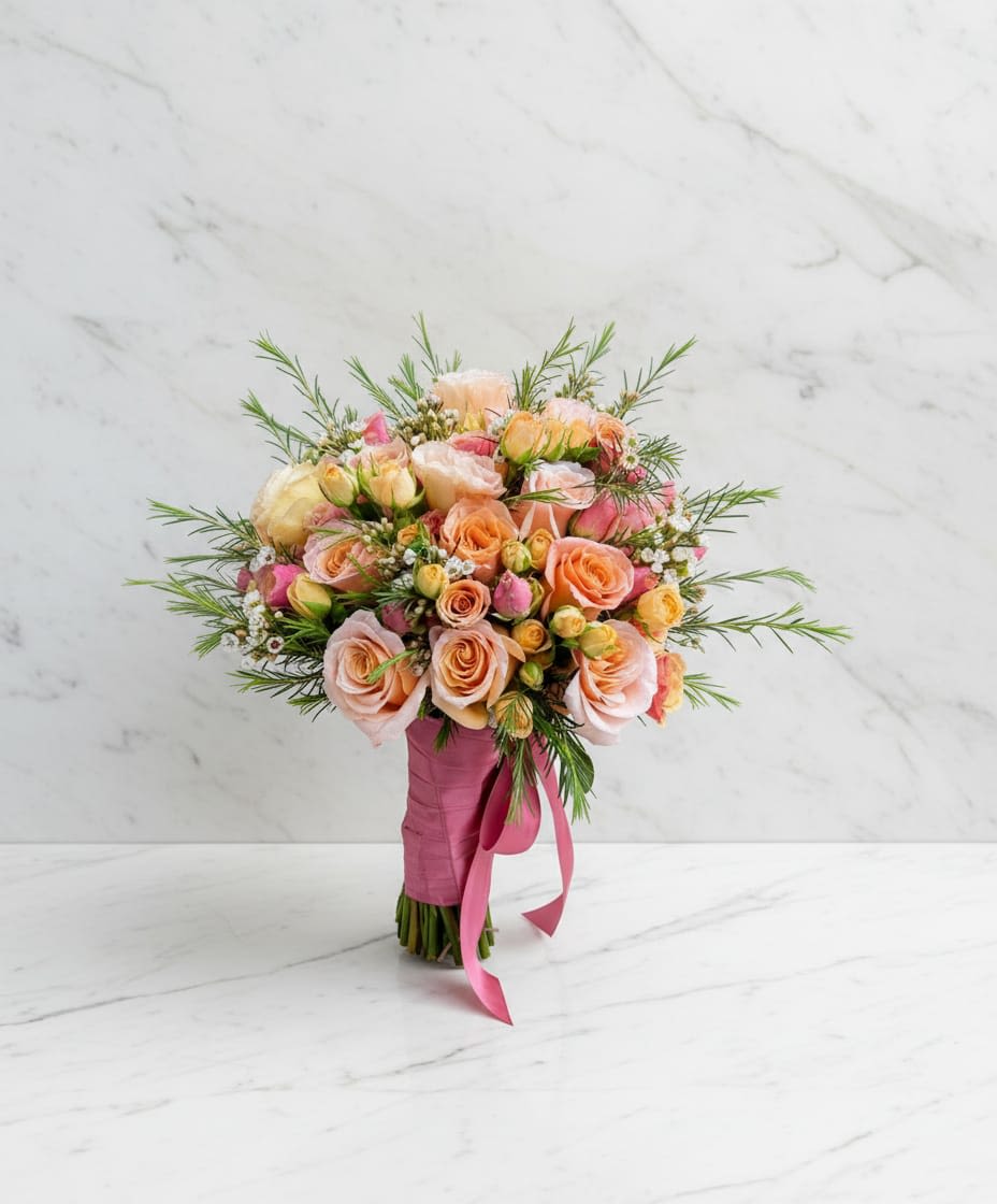 Pastel Meadow Bouquet - A soft and elegant bouquet designed with warm peach and pastel tones, perfect for special occasions. Fresh and beautiful peach roses, light yellow roses or sprayed roses, pink accent flowers, green foliage. Un ramo suave y elegante diseñado con tonos cálidos durazno y pasteles, perfecto para ocasiones especiales. Rosas durazno frescas y hermosas, rosas amarillo claro o rosas pintadas, flores de acento rosa, follaje verde.
