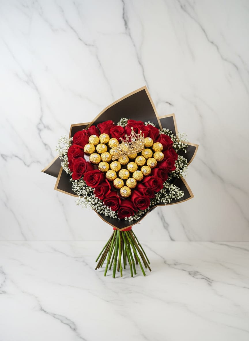Romantic Treat Bouquet - A beautiful and romantic bouquet featuring a heart shaped design made with vibrant red roses and delicious Ferrero Rocher chocolate, the roses are being surrounded by gypsophila.  Un hermoso y romántico ramo con un diseño en forma de corazón hecho con vibrantes rosas rojas y delicioso chocolate Ferrero Rocher, las rosas están rodeadas de gipsofilia.