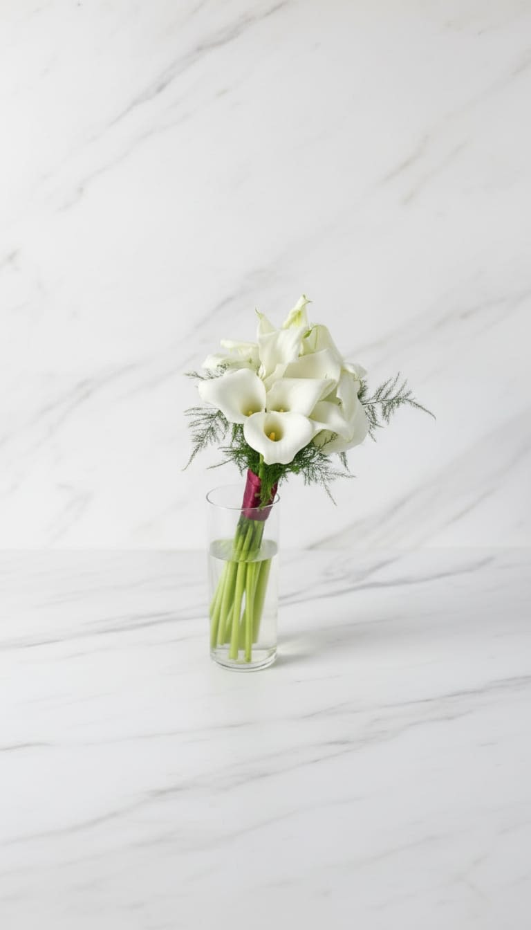 Whisper of Ivory - A delicate hand tied bouquet featuring elegant white calla lilies arranged in a soft, rounded design with light greenery accents. Un delicado ramo atado a mano que presenta elegantes calas blancas dispuestas en un diseño suave y redondeado con ligeros toques de vegetación.