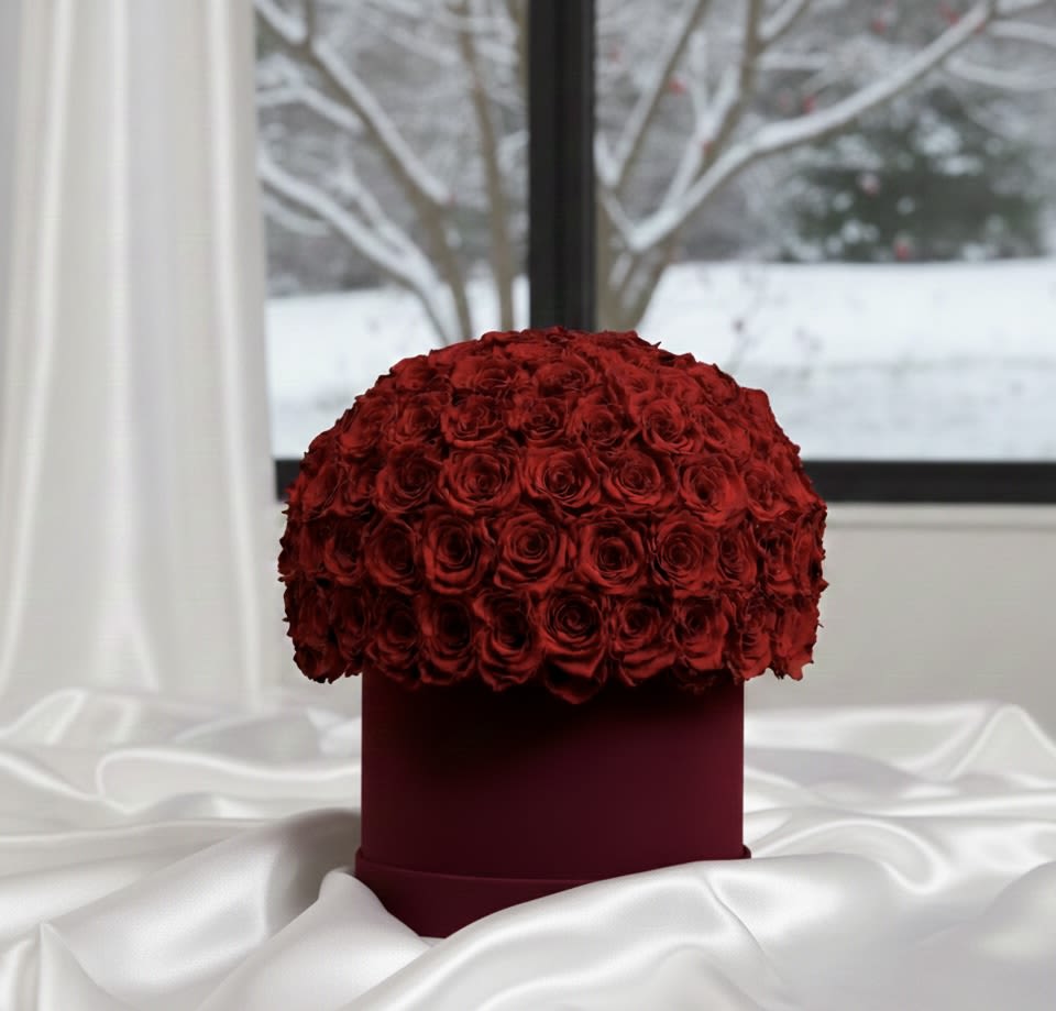 Red rose dome in a burgundy box on white satin