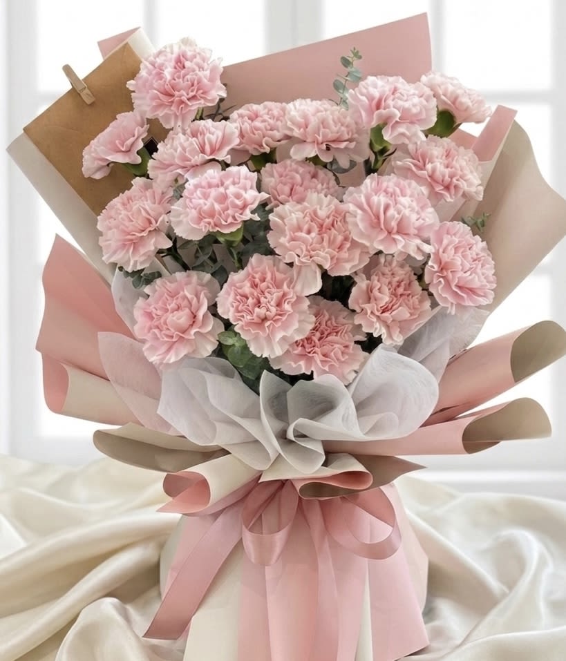 Bouquet of pale pink carnations wrapped in pink and beige paper