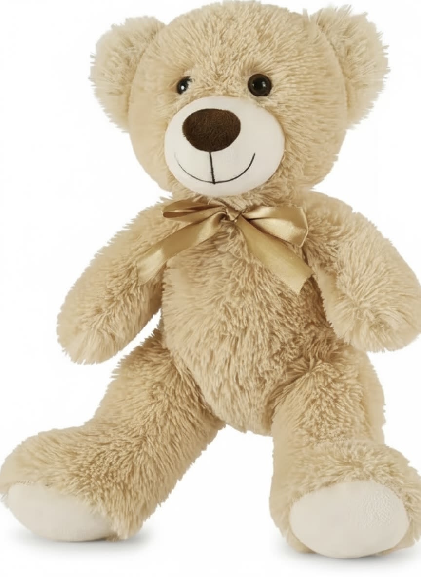 Plush teddy bear with a satin bow on a white background