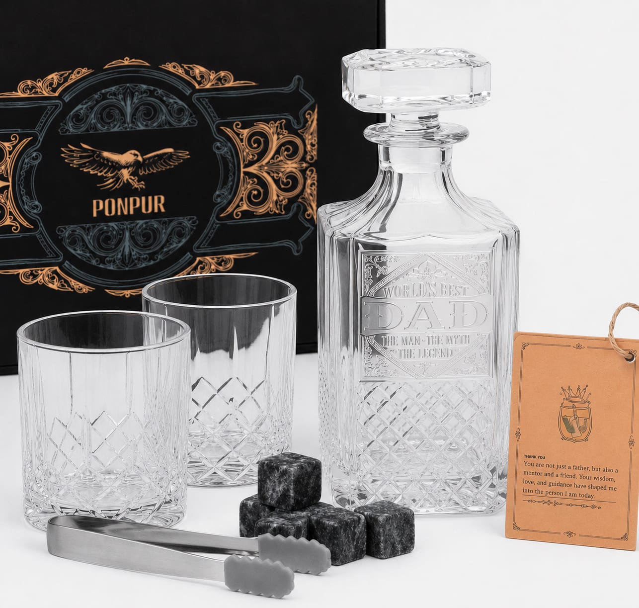 Dad Crystal Decanter Gift Set – Engraved Glass Bottle with Matching Tumblers - Show your appreciation with a sophisticated gift designed especially for Dad. This beautifully crafted crystal decanter set includes an engraved “World’s Best Dad” decanter, two matching whiskey glasses, reusable chilling stones, stainless steel tongs, and thoughtful accessories presented in a premium gift box.  Perfect for Father’s Day, birthdays, Christmas, anniversaries, or any special celebration, this timeless set combines elegance and functionality while making a memorable keepsake for fathers and father figures.  Features:  * Engraved crystal decanter with “World’s Best Dad” design * Two matching crystal whiskey glasses * Reusable whiskey stones * Stainless steel tongs and premium accessories * Elegant gift box presentation * Ideal gift for Father’s Day, birthdays, holidays, and special occasions * Sold empty – no whiskey or alcoholic beverage included
