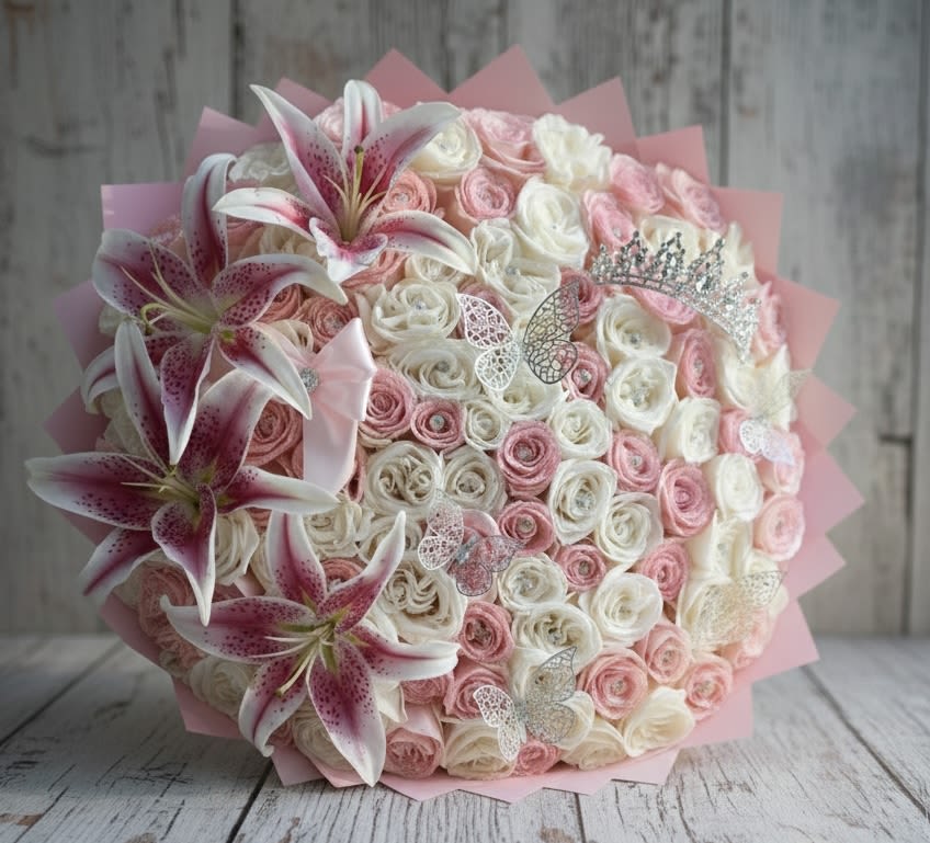 Luxury Rose Bouquet with Lily Accents - This Luxury Rose Bouquet with Lily Accents features premium fresh roses arranged in a full, rounded presentation and enhanced with elegant lilies for added depth and visual sophistication.  The layered wrap and floral detailing create a refined couture-inspired silhouette, perfect for grand romantic gestures, milestone celebrations, and luxury occasions.  Rose color combinations may vary based on seasonal and in-store availability. Lily accents are included in every size.