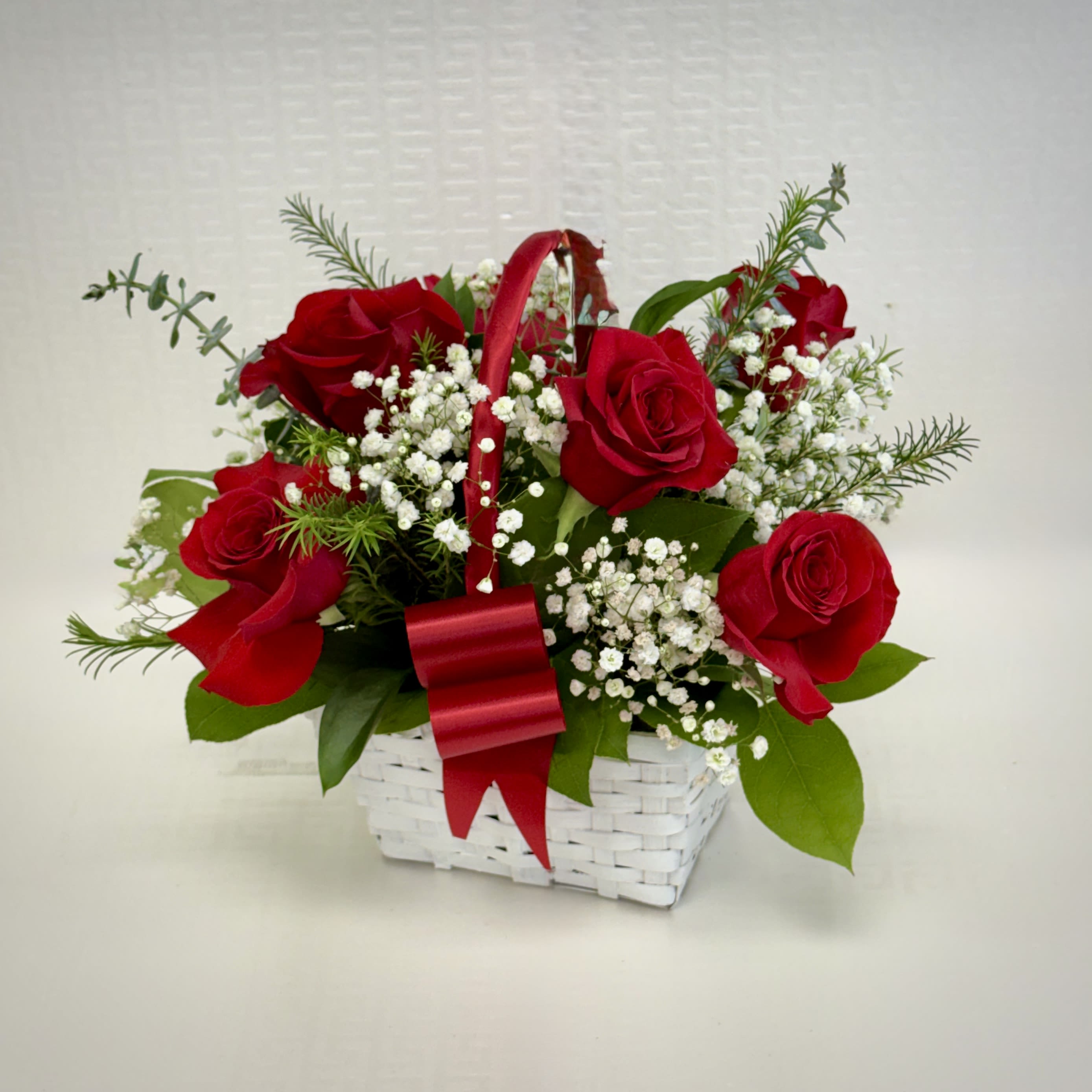 Be Mine Rose Basket - Stunning red roses accented with soft white blooms and lush greens, designed in a charming basket for a romantic and heartfelt gift.