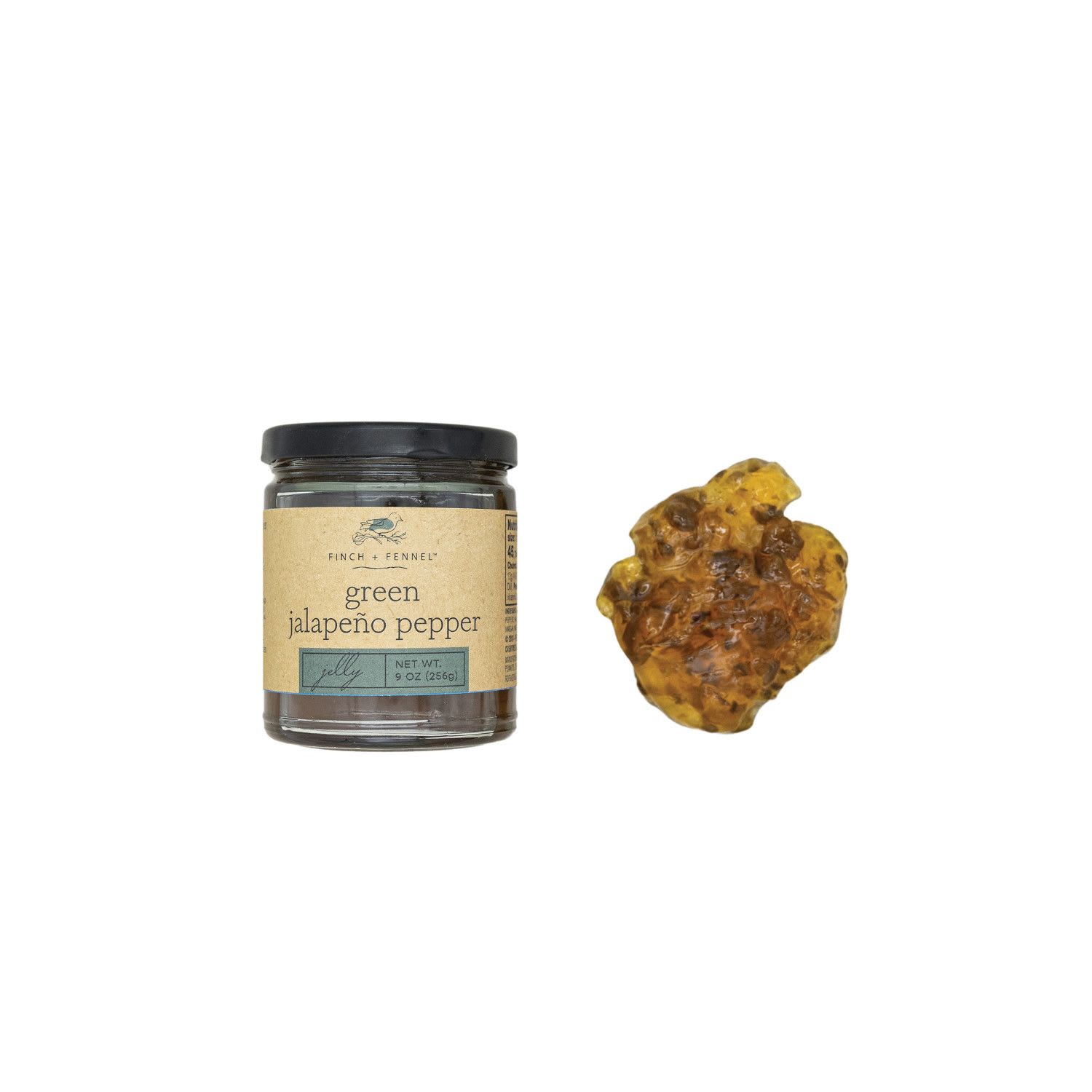 Finch + Fennel Green Jalapeño Pepper Jelly - Our Green Jalapeño Pepper Jelly is a unique and flavorful condiment that combines the sweetness of sugar with the mild heat of green jalapeño peppers. This jelly’s tangy taste is so versatile!