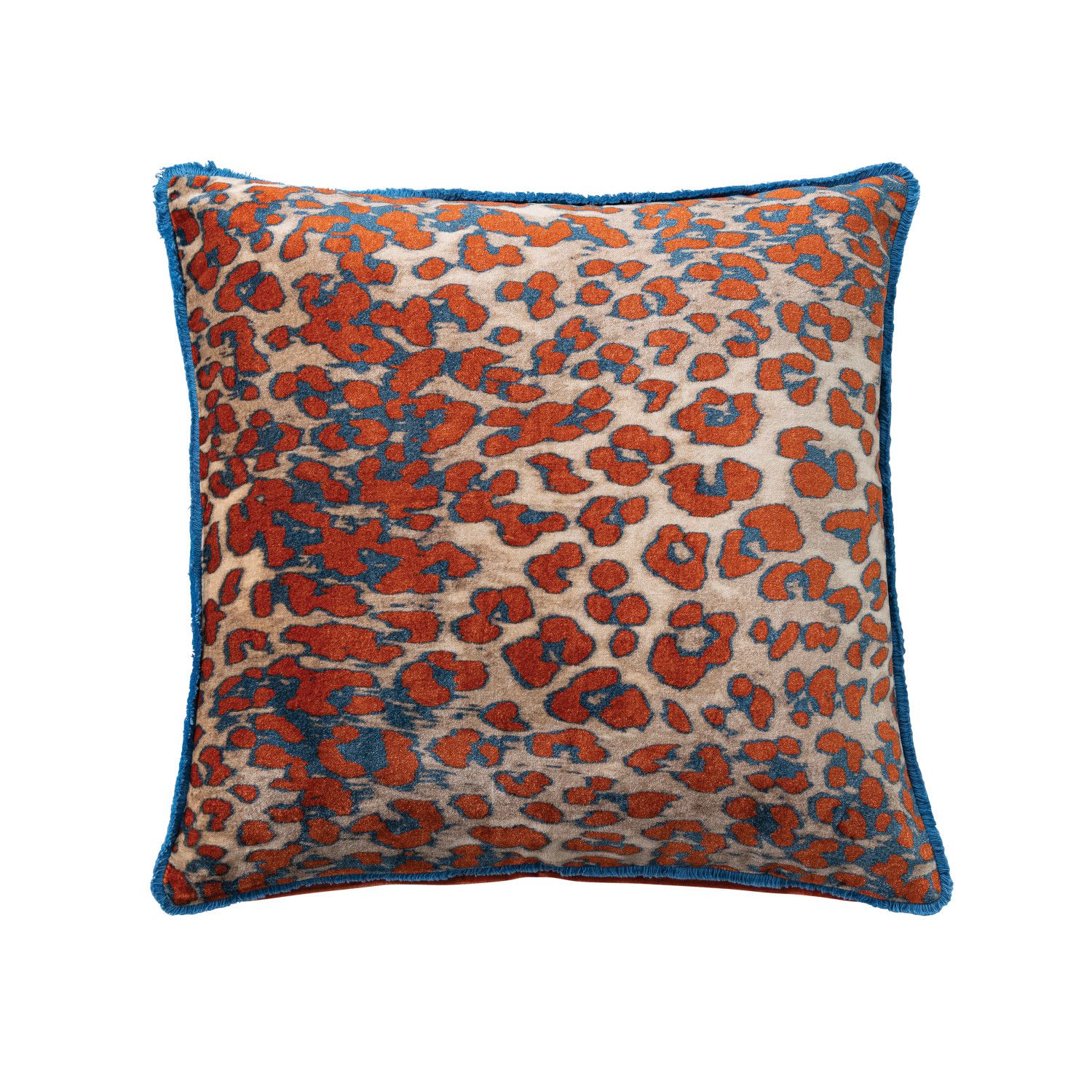 Orange 20" Square Cotton Velvet Pillow with Leopard Print Pattern &amp; Tufted Fringe - 20" Square Cotton Velvet Printed Pillow w/ Leopard Print Pattern &amp; Tufted Fringe, Orange Color &amp; Blue