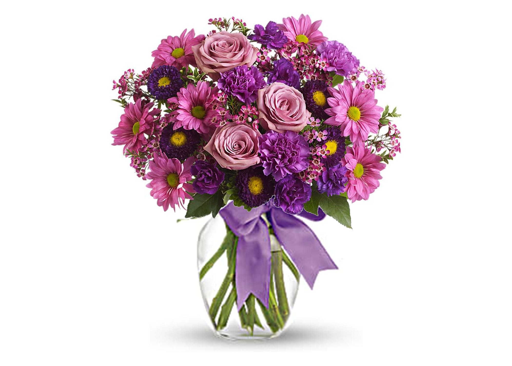 Love and Laughter - Know someone you love to make laugh? Someone you love to laugh with? Someone who could use a laugh? Someone who fits all of the above? Well, this beautiful arrangement has charms that extend way beyond its blossoms. Lavender roses and daisy spray chrysanthemums, purple carnations, miniature carnations, matsumoto asters and pink waxflower are delivered in a clear vase that's tied with a purple satin ribbon. Love, laugh and send it today!